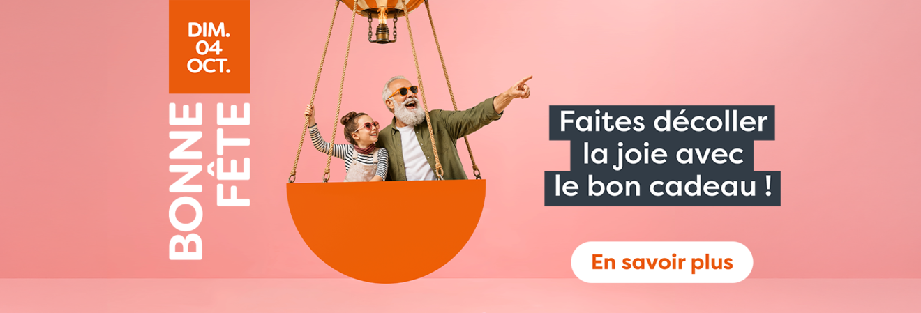 Visuel d'un papy avec sa petite-fille dans une montgolfière à l'occasion de la fête des grands-pères. Faites décoller la joie avec le bon cadeau pour la fête des grands-pères le 4 octobre 2026